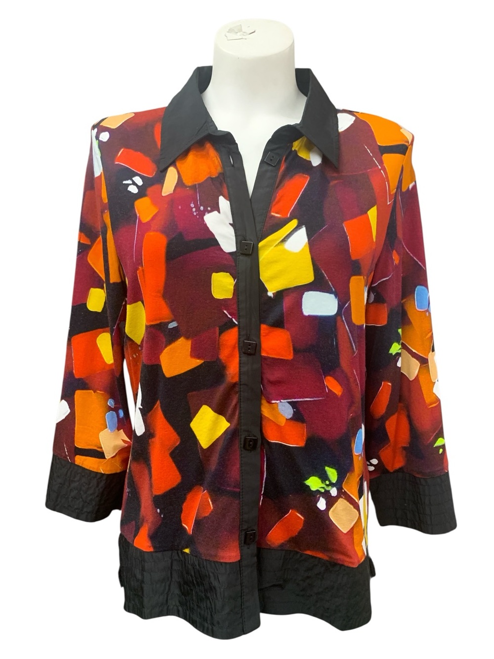 Women's Abstract Button-Front Shirt in Multi-Color with Black Trim